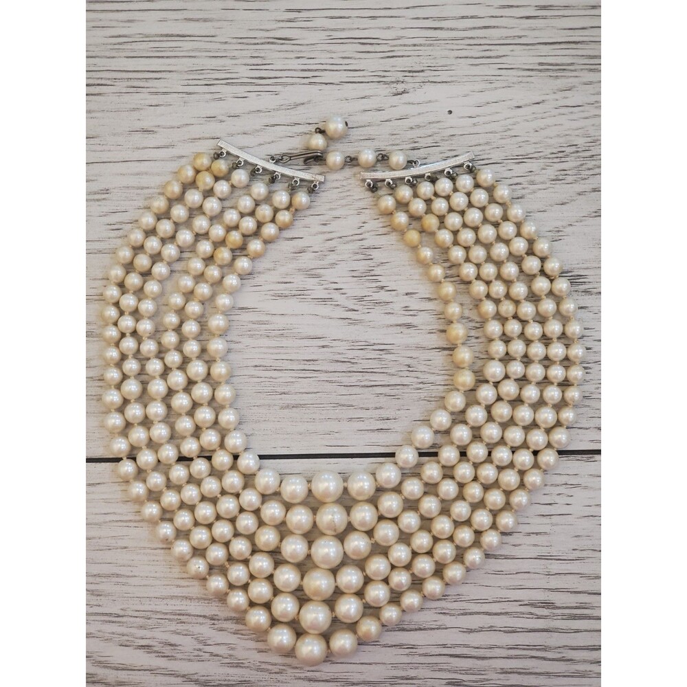 Vintage 5 Strand Graduated Faux Pearl Beaded Necklace Vintage
